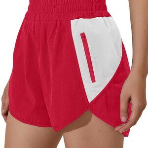 Women's Large Red and White High Waisted Athletic Shorts with Phone Pocket, Quic